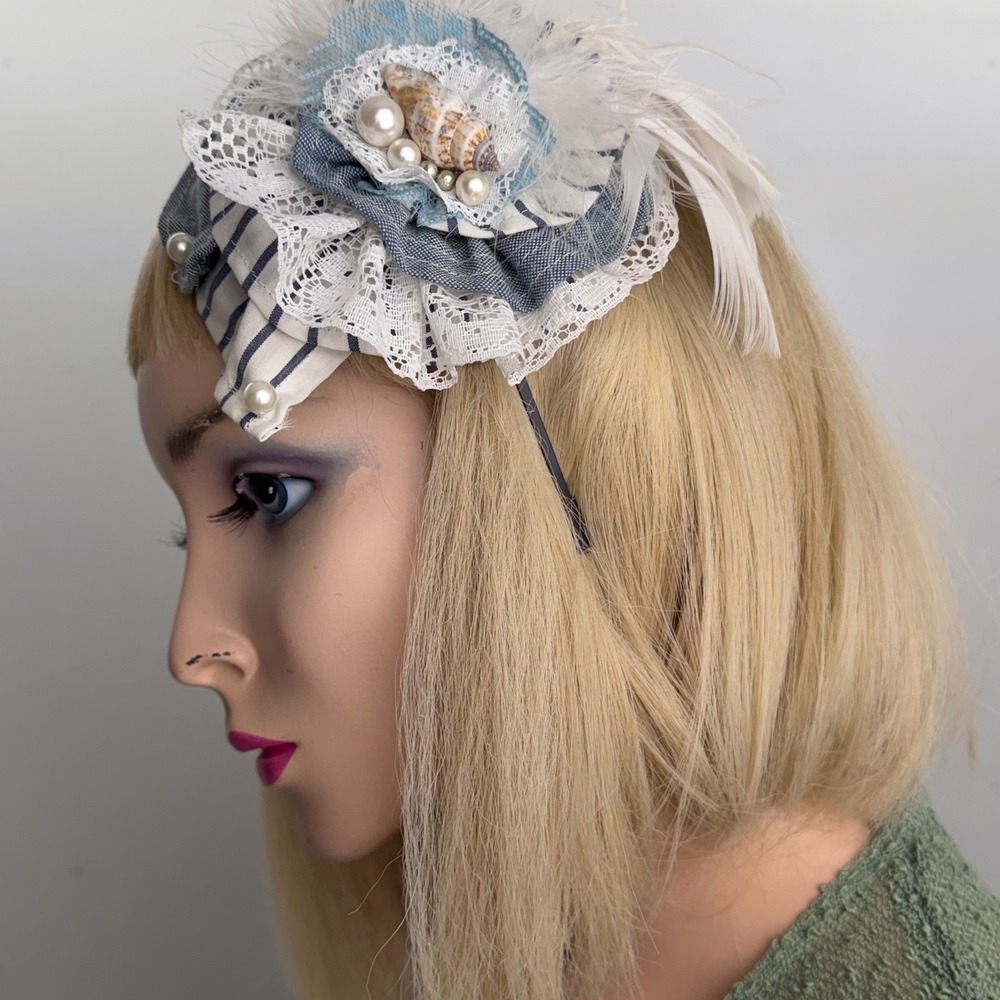 Handmade Nautical Fascinator Headband Seashell Pearl Lace‎ Mermaidcore Blue OS